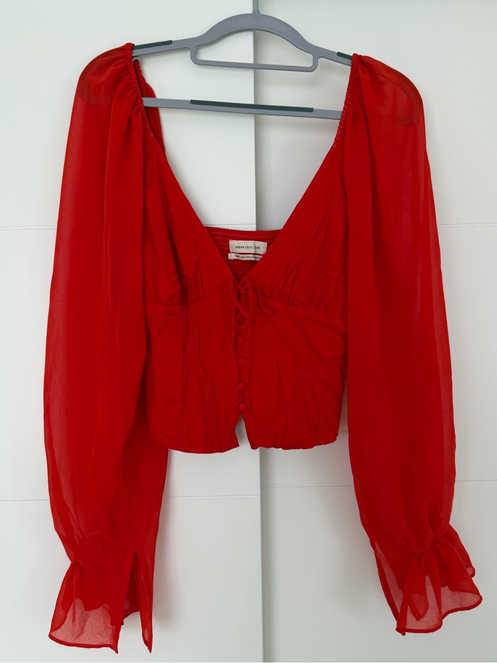 Urban Outfitters Red Sheer Button-Front Peasant Top